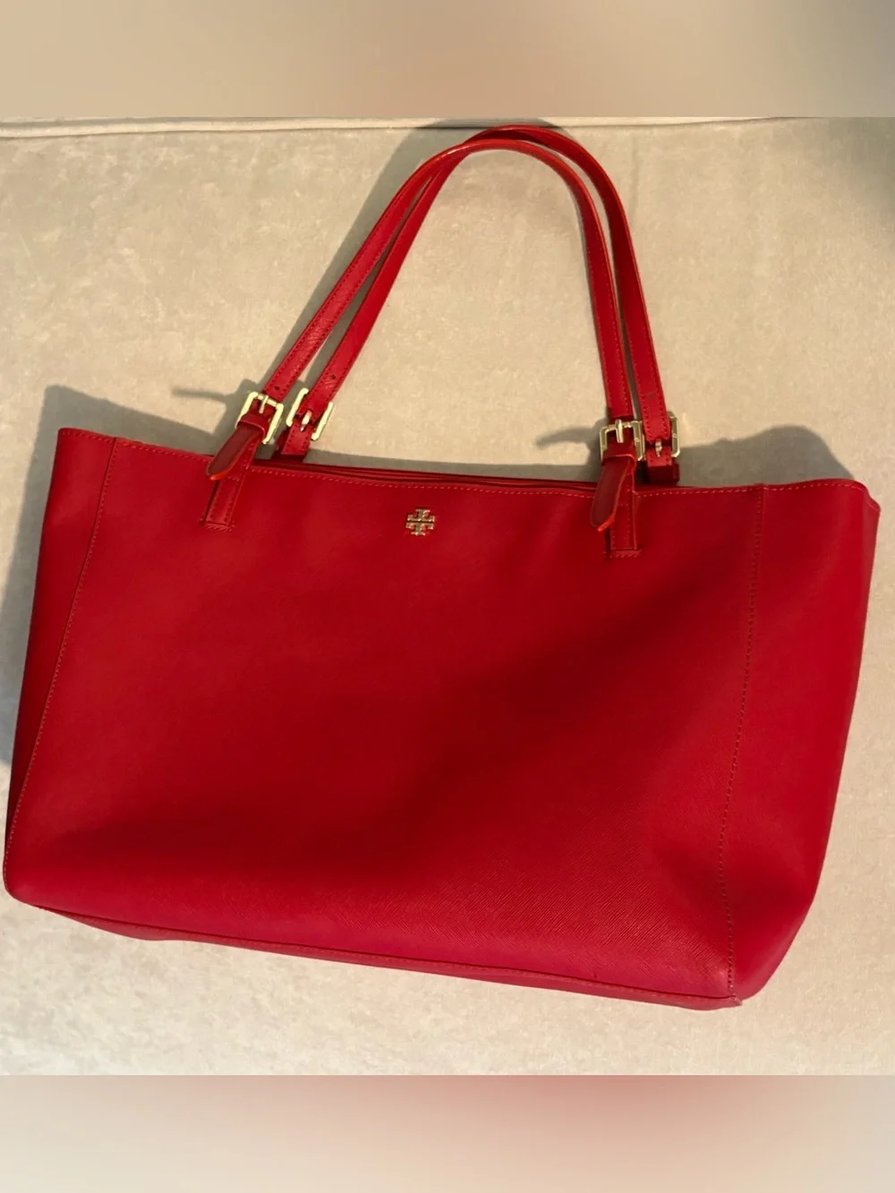 Tory Burch Red Leather Tote with Gold Logo